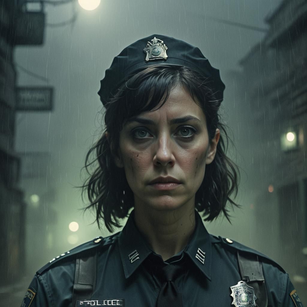 Female Police Officer in a Dark, Misty Environment
