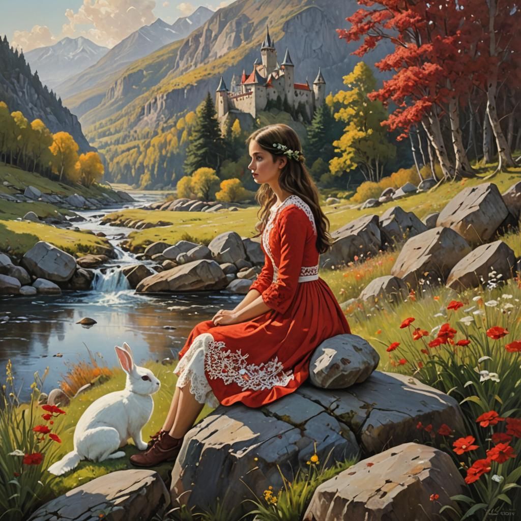 Enchanted Elven Forest with Girl in Red Dress
