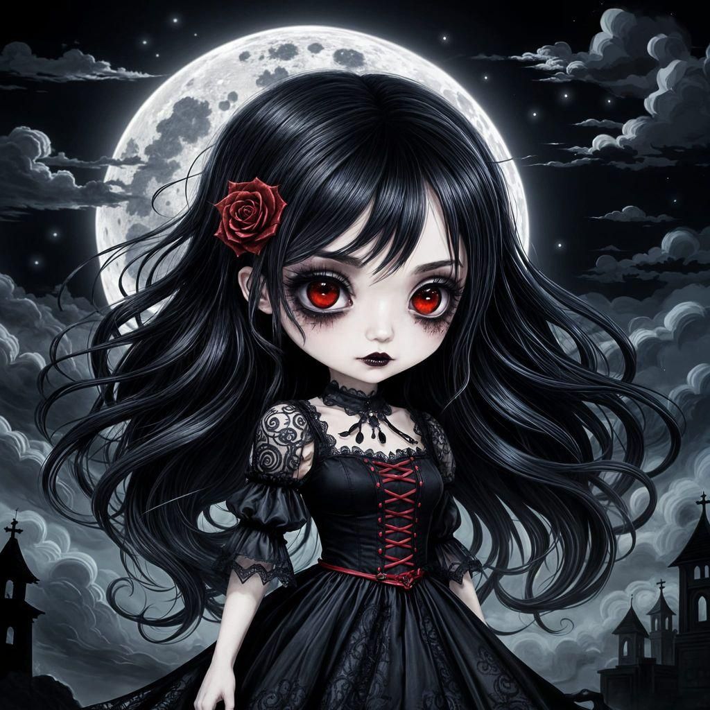 Chibi Goth Girl in Dark Fantasy Anime Style