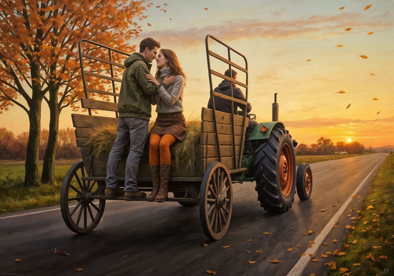Romantic Autumn Hayride at Sunset: Oil Painting