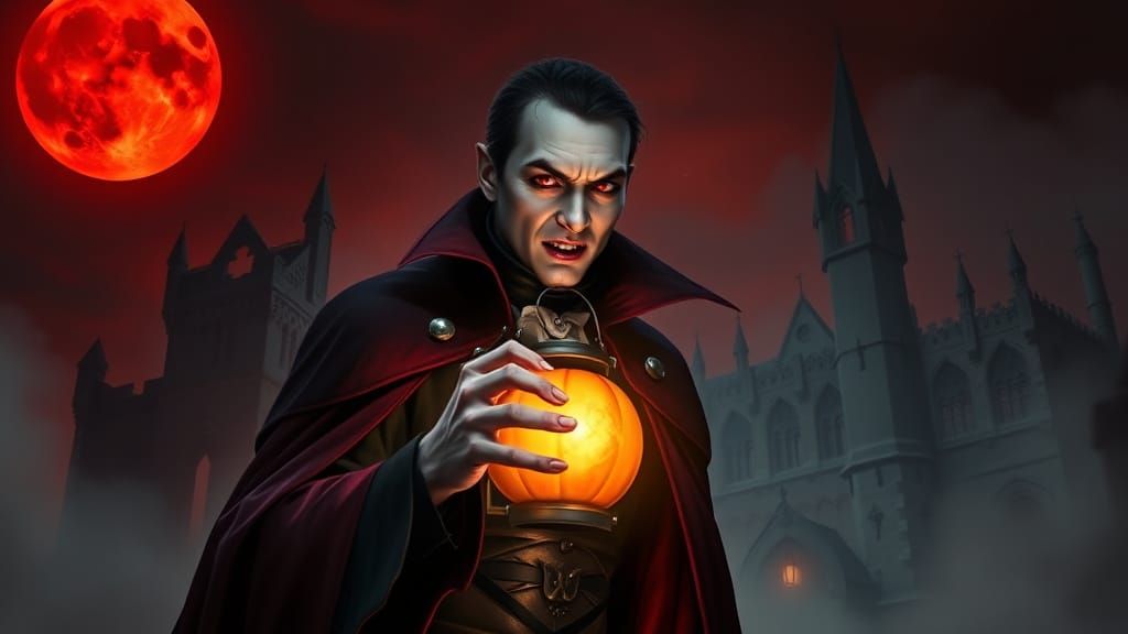 Vampire Under Blood Moon with Glowing Pumpkin