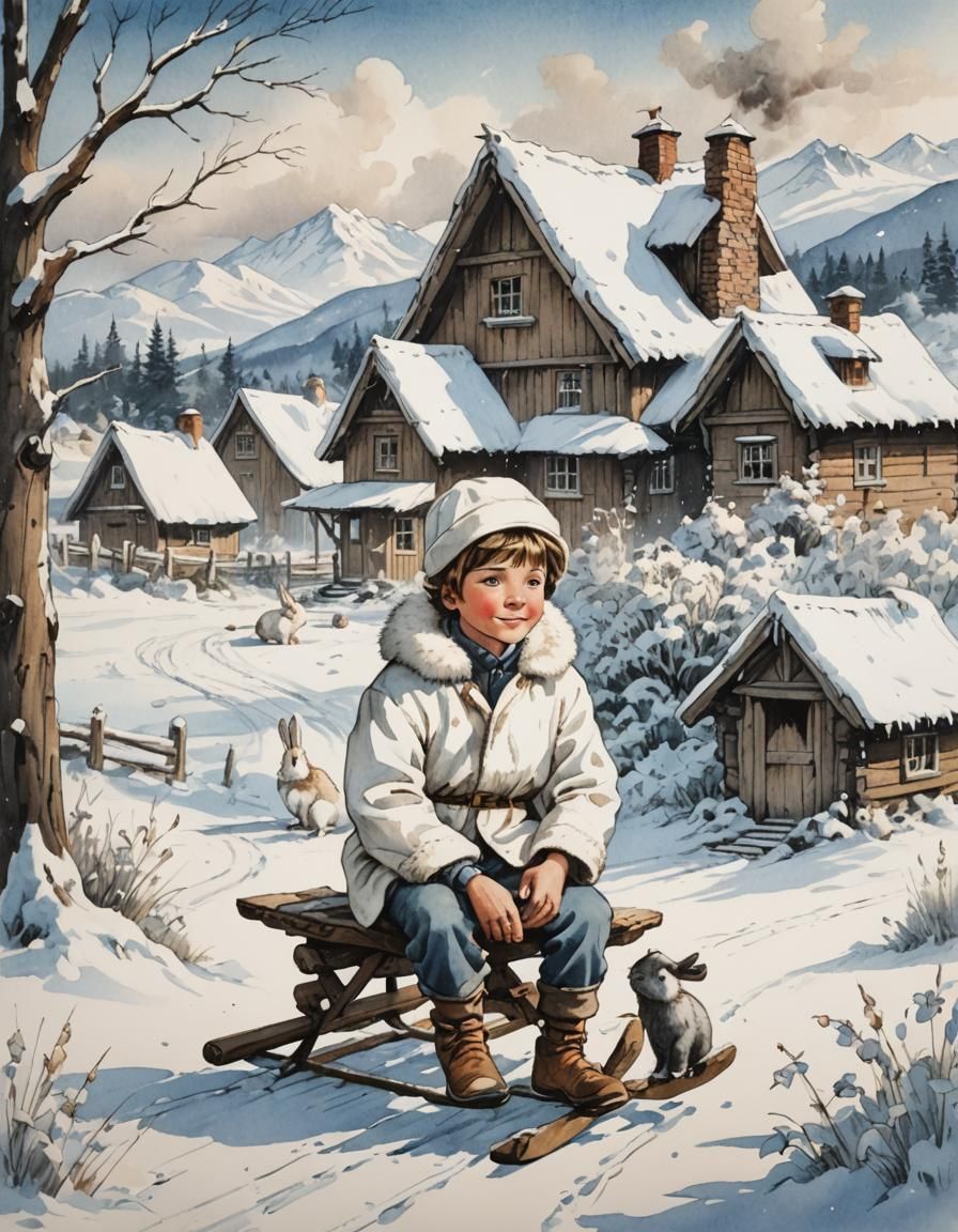 Boy on Sled in Snowy Ink Illustration