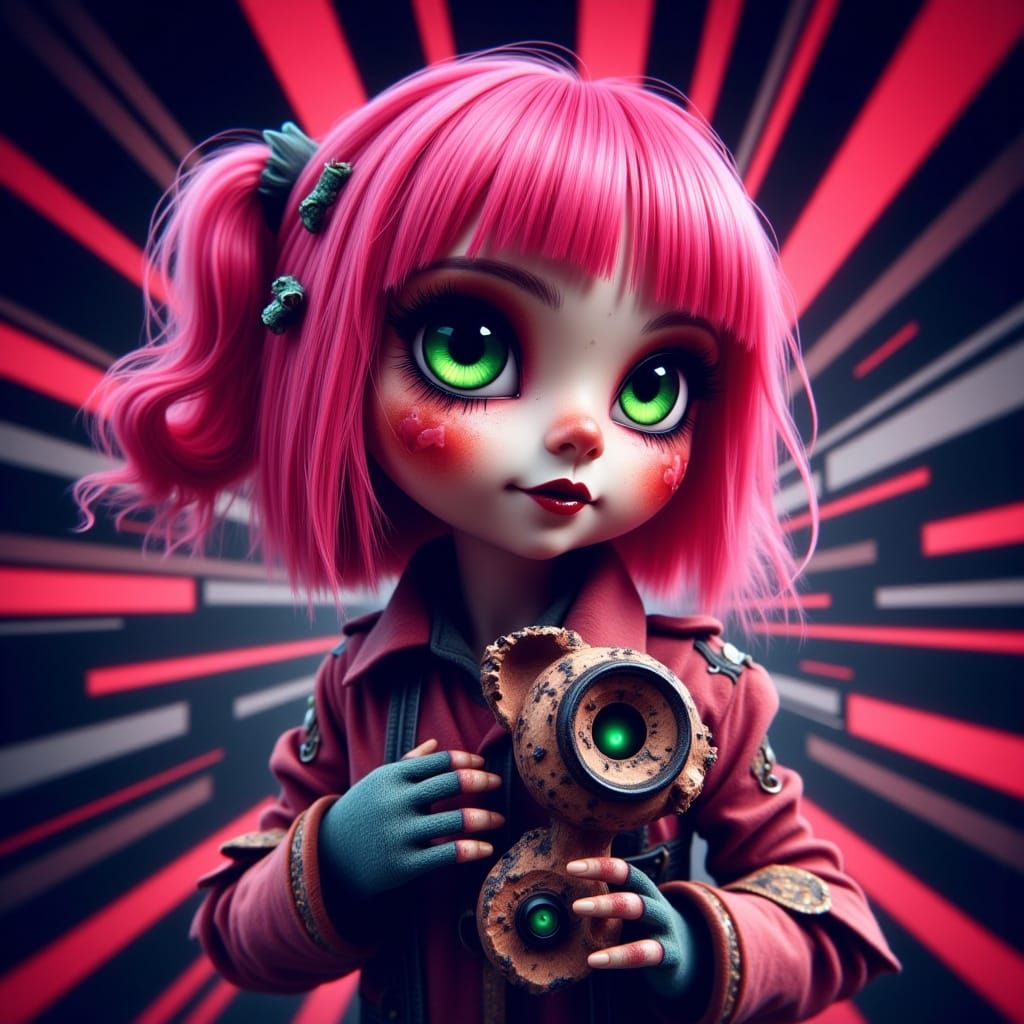 Vibrant Cartoon Girl with Broken Doll in Whimsical Pixar-Ins...