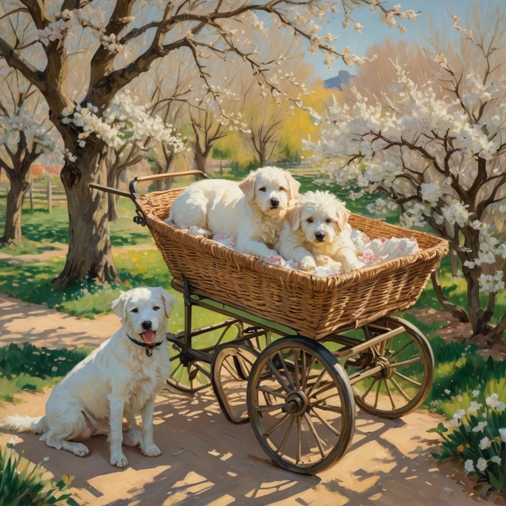 Baby and Dog Under Almond Trees, Impressionistic Style