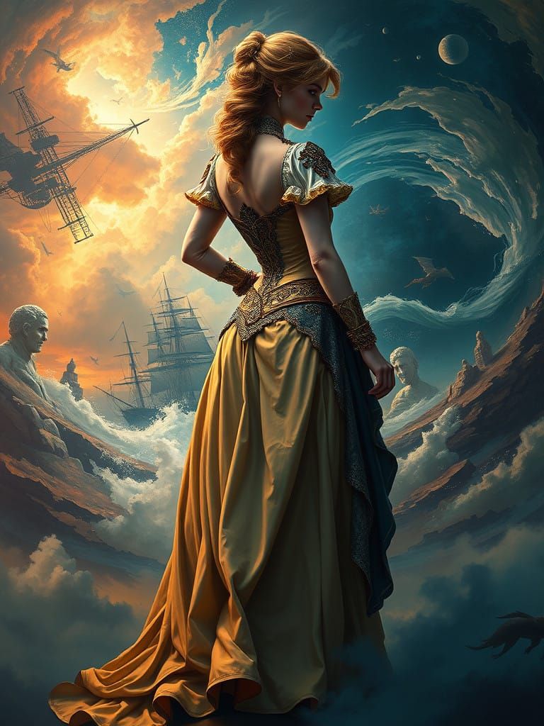 Regal Victorian Figure in a Dreamlike Scene with Battle of W...