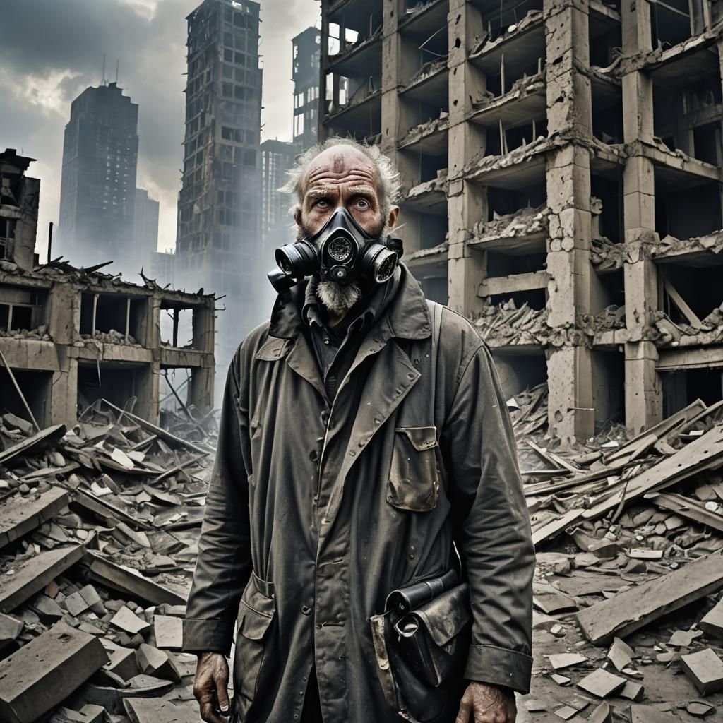 Weathered Man in Ruins: Graffiti Art Portrait