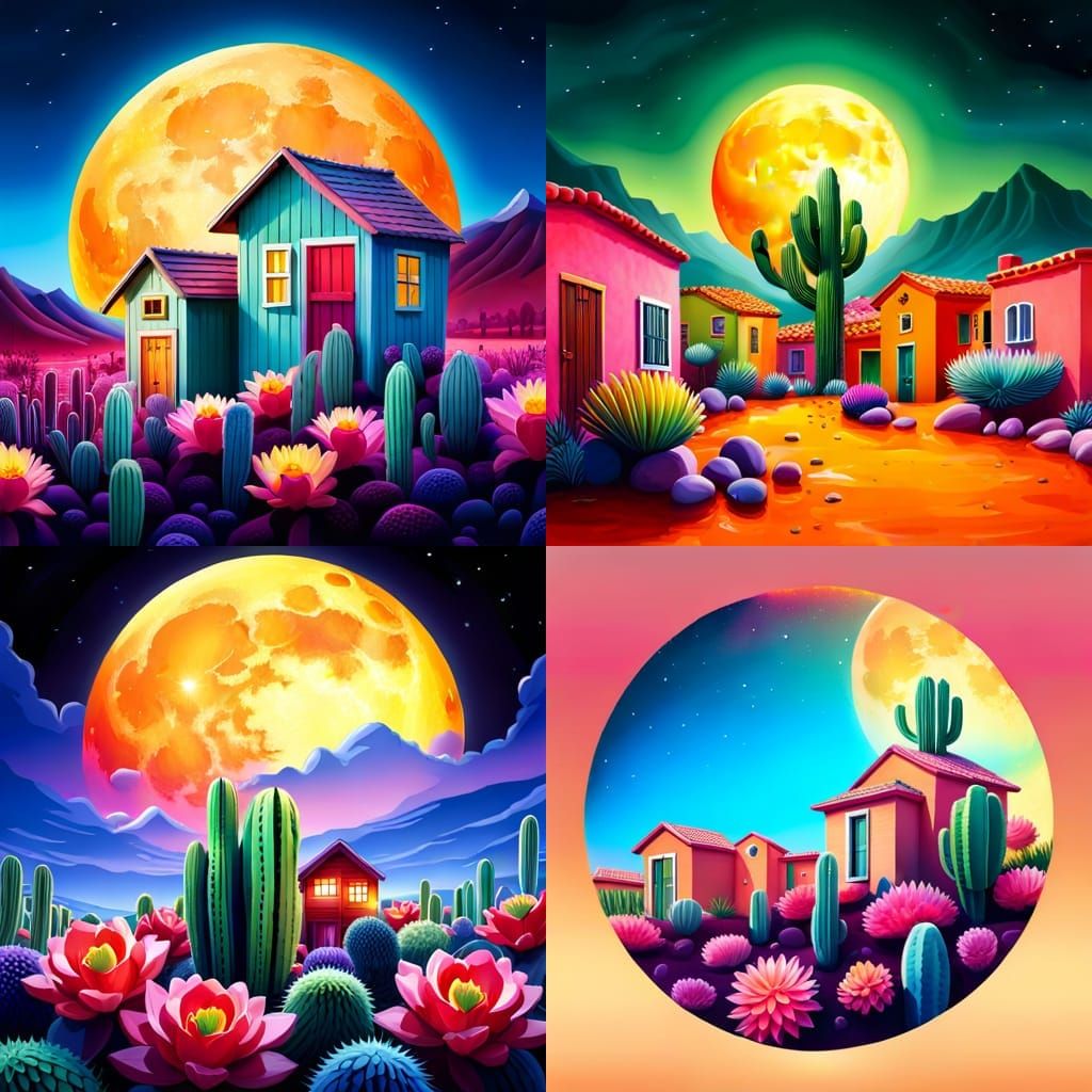 Colorful Moon Houses in Blooming Cactus: Digital Art