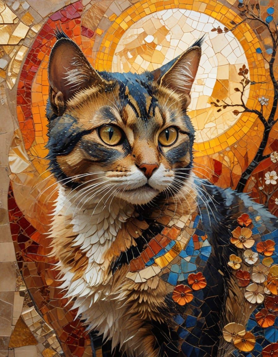 Surreal Cat in Golden Light with Zentangle Patterns and Impa...