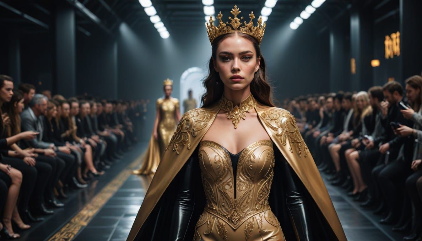 Elegant Woman in Latex Gown on Futuristic Runway