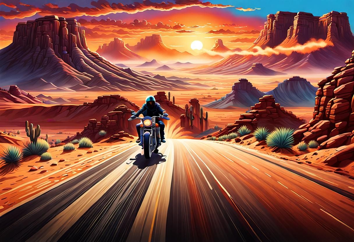 Motorcycle Rider at Sunset in Splash Art Style