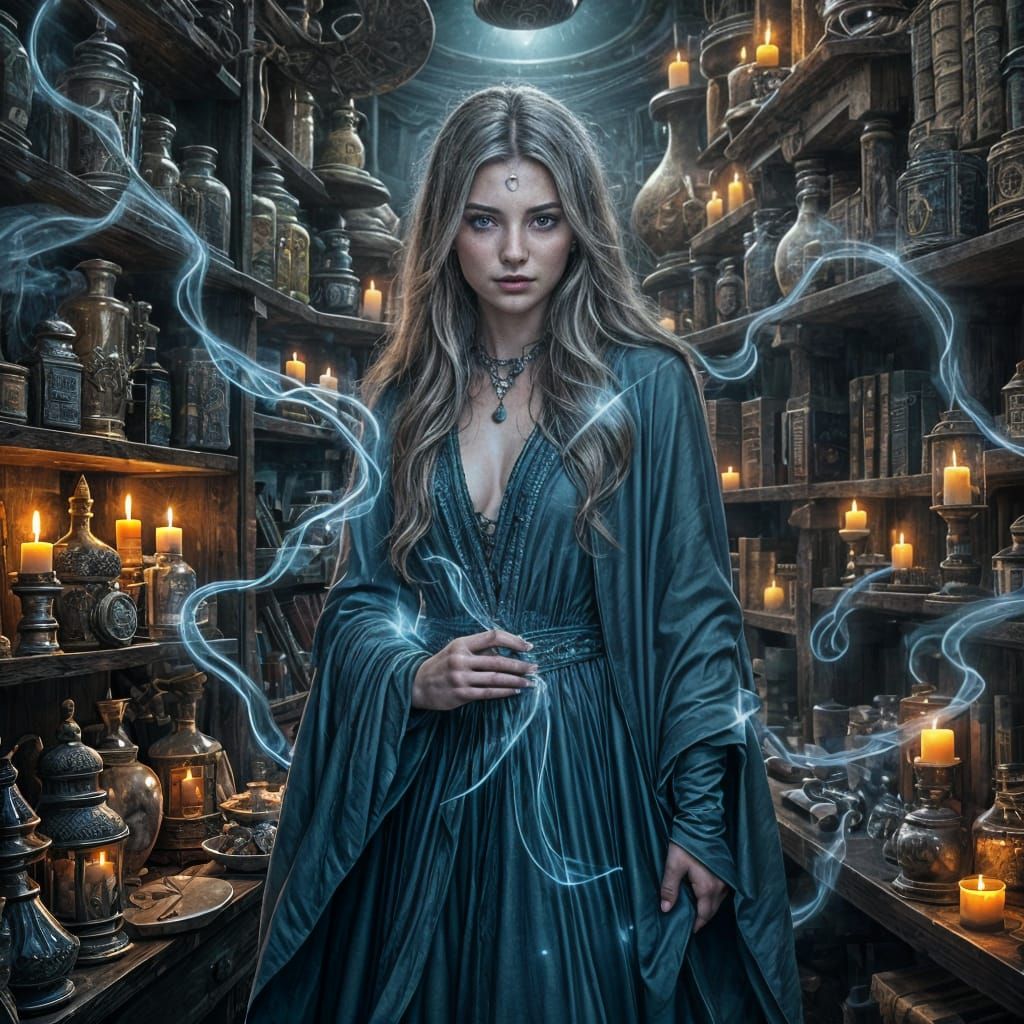 Enchantress Portrait in Magic Shop, Dreamlike Realism