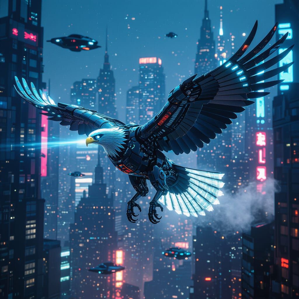 Cybernetic Eagle Soars Through Neon Cyberpunk City