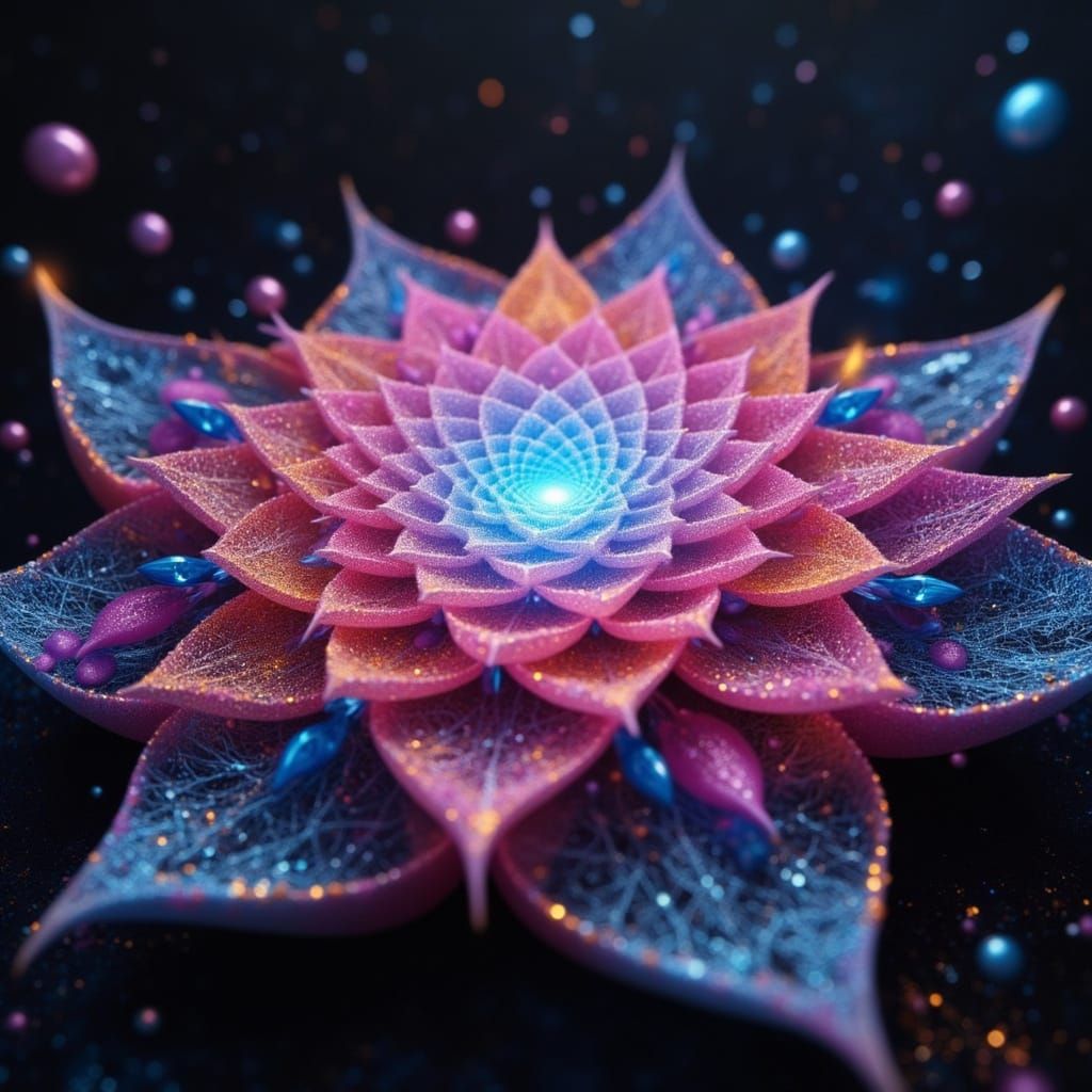 tiny glitter sparkles, highly intricately full-shot of a detailed  shot of non-Euclidian geometric  shiny glowing magica...