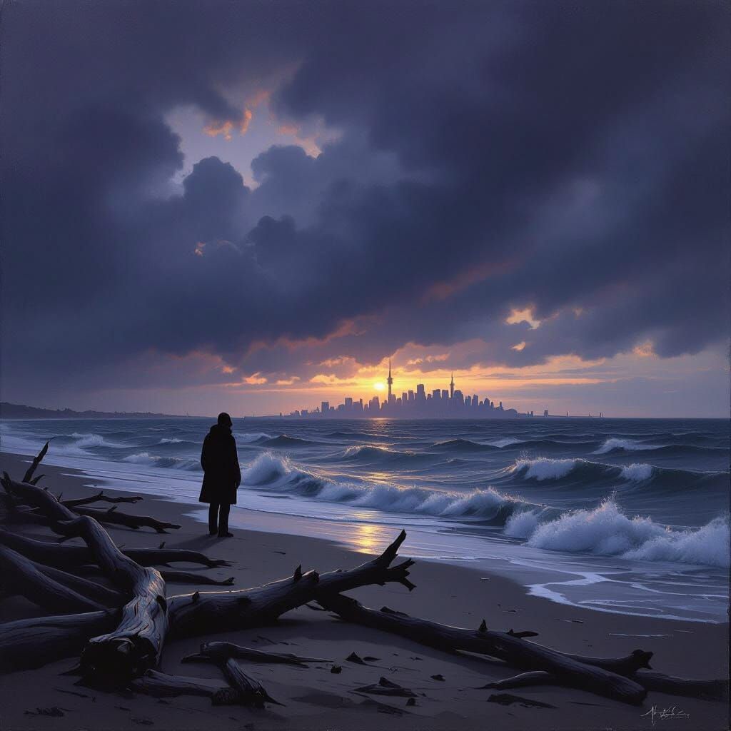 Figure Gazes at Distant Toronto from Stormy Shore