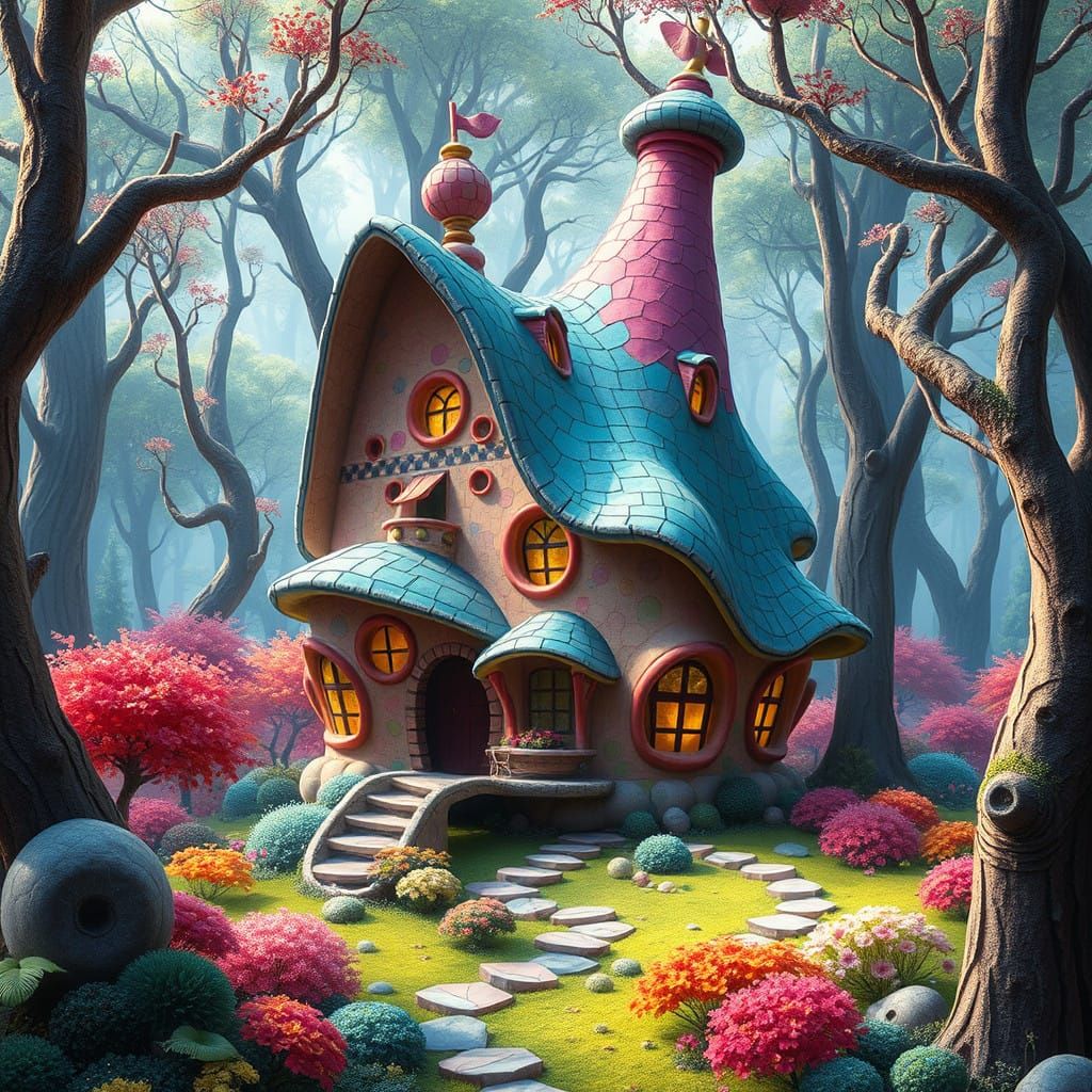 Dreamlike Gaudí-Inspired Cottage in a Fantastical Forest