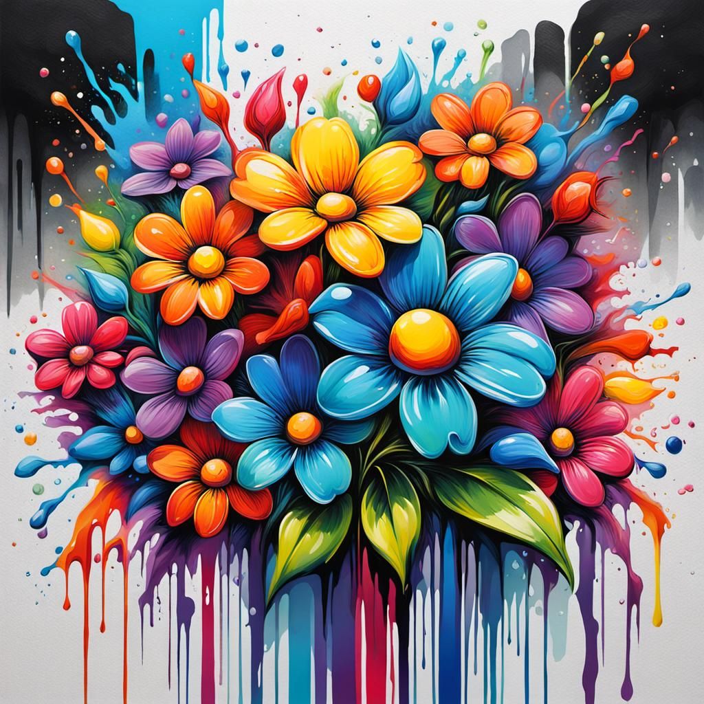 Rainbow Flowers in Graffiti Splash Art Style