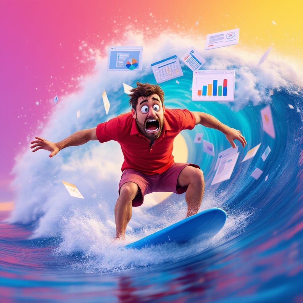 Man Rides Tidal Wave of Emails: 3D Digital Art