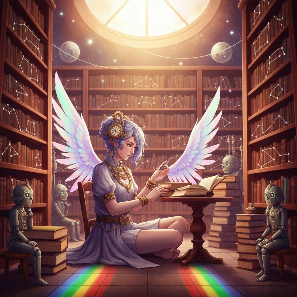 Celestial Library with Anime Librarian in Digital Realism