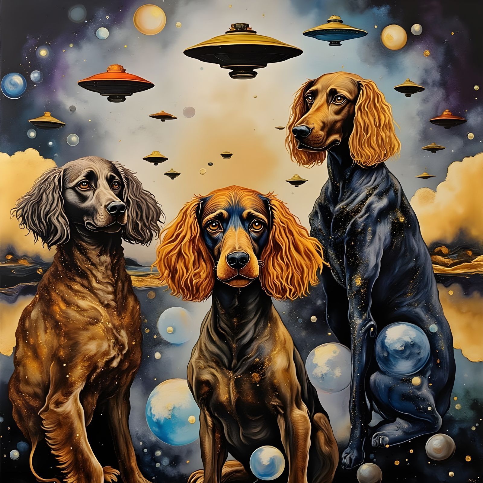 Surreal Poodles Greet UFOs in Oil Pastel