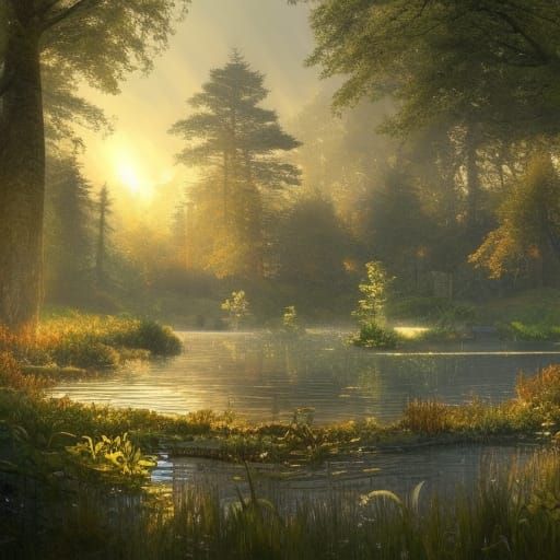 Cottagecore Garden by Lake in Golden Sunlight