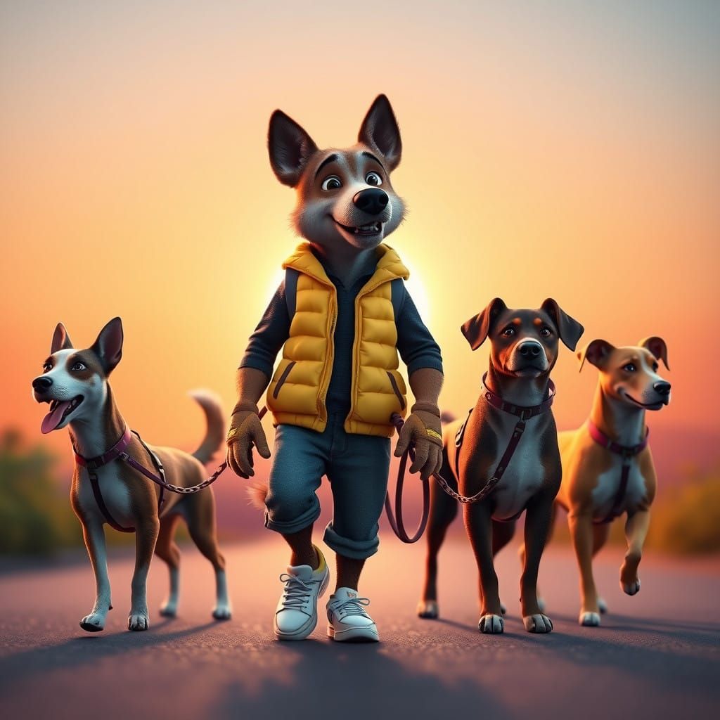 Humanoid Dog Walks Canine Companions in Vibrant Sunset Scene