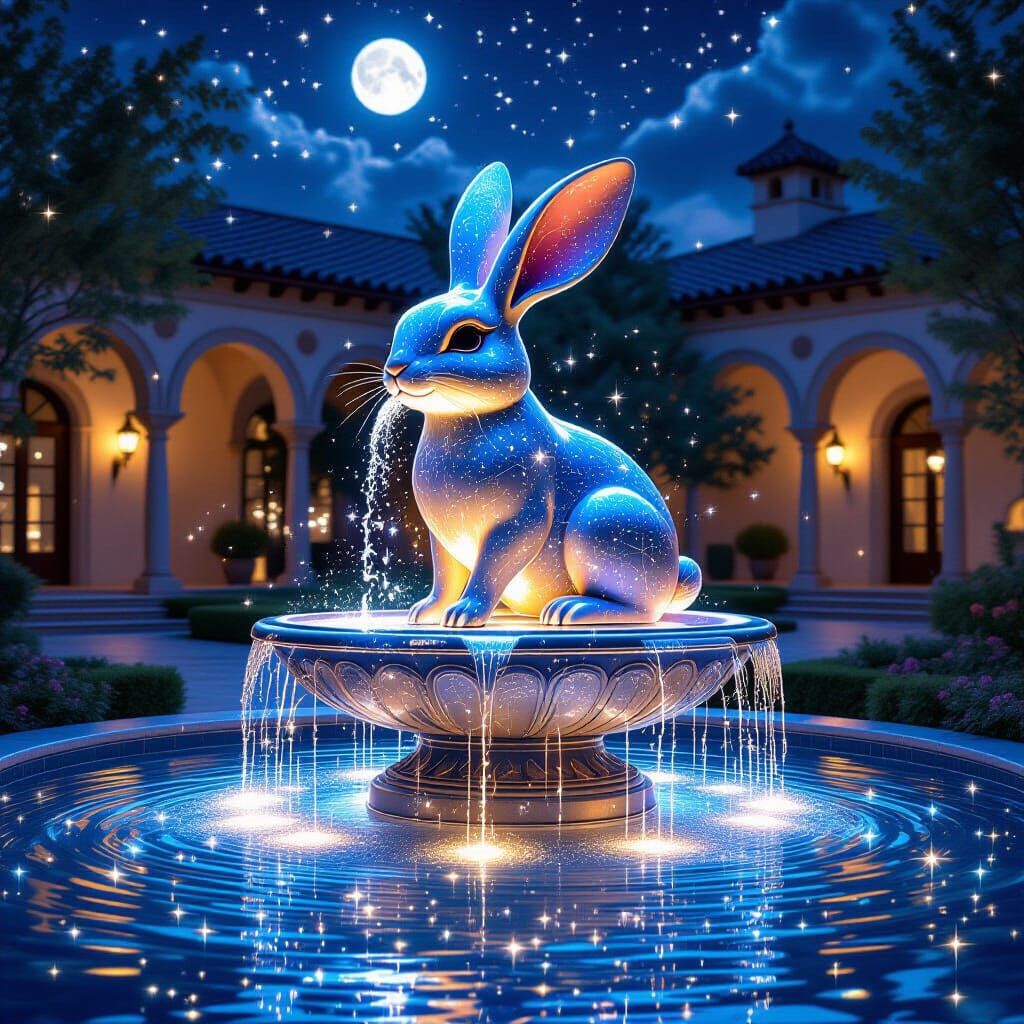 Celestial Rabbit Stardust Fountain in Surreal Style