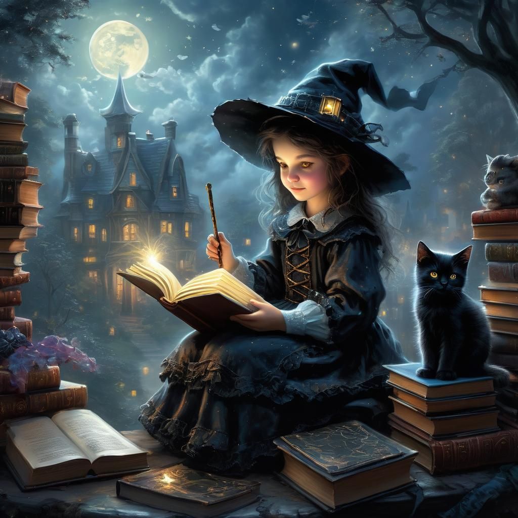 Cute Witch with Kitty in Ethereal Moonlight