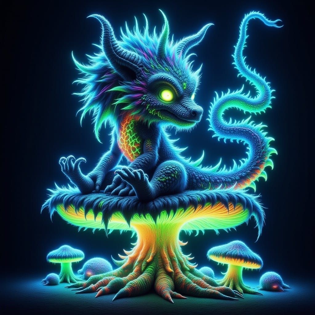 Chibi Dragon on Bioluminescent Mushroom, Kawaii Art