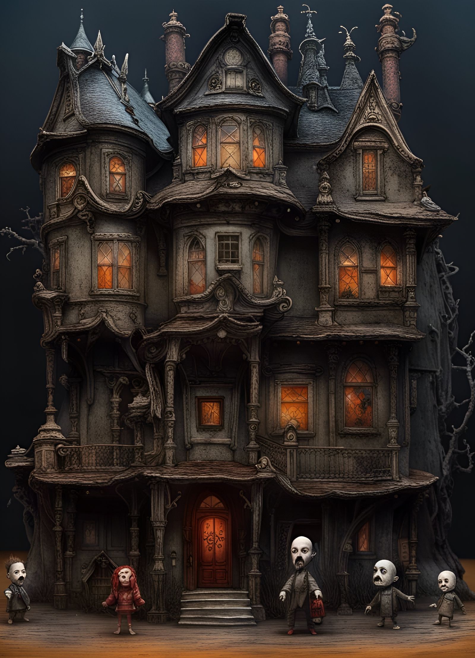 Haunted Miniature Doll Mansion in Crayon Caricature Style