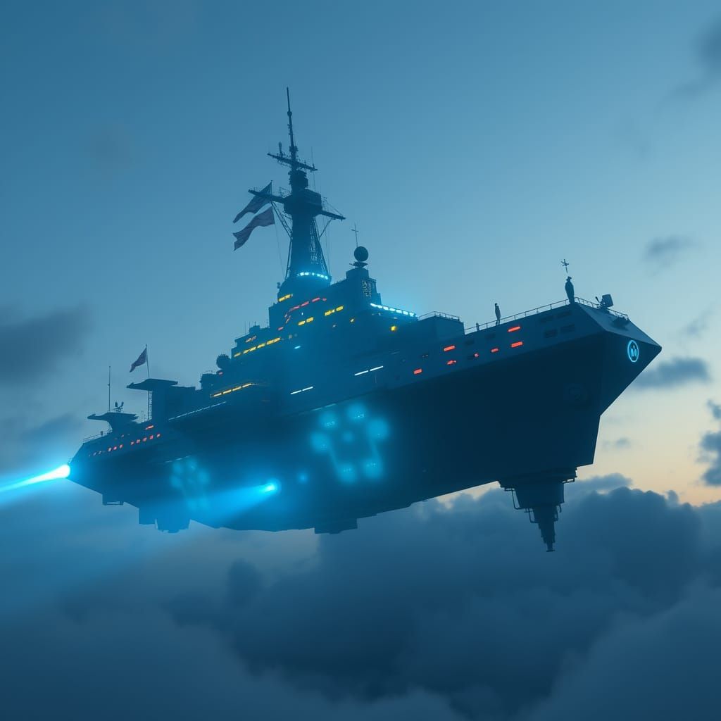 Ethereal Blue Battleship Confronts the Cosmos