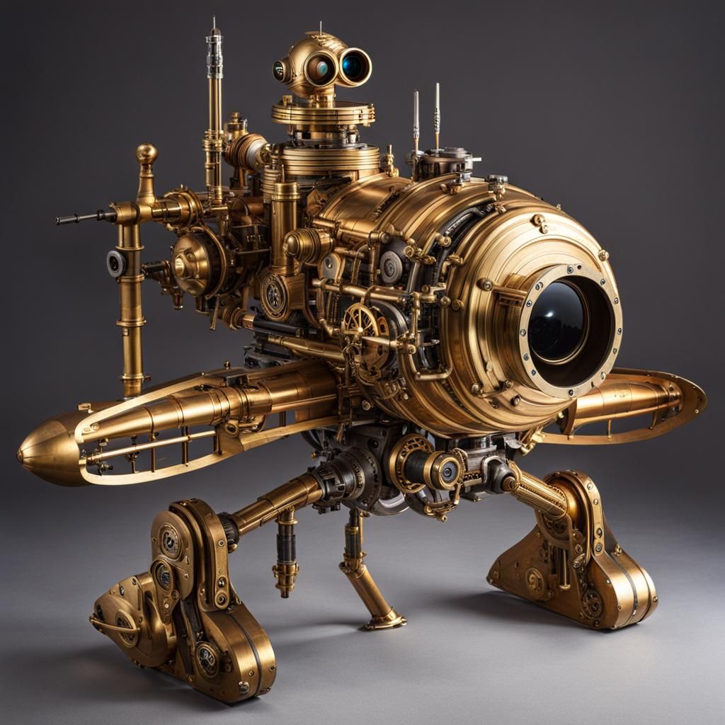 Steampunk C3PO Warrior Drone with Brass Instrument Weapon