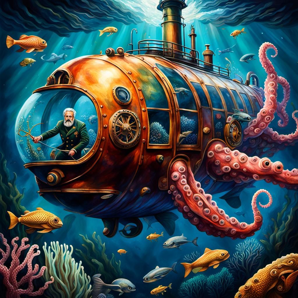 Giant Squid Attacks Verne's Submarine: Hyperrealistic Seasca...