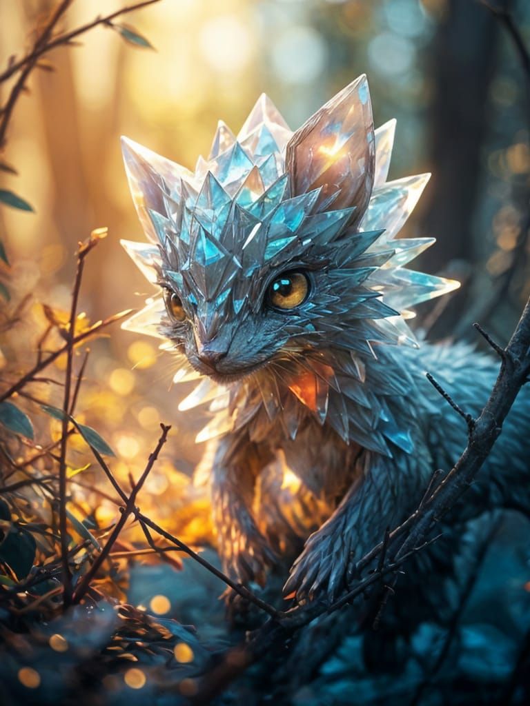 Iridescent Crystal Creature in Mystical Forest