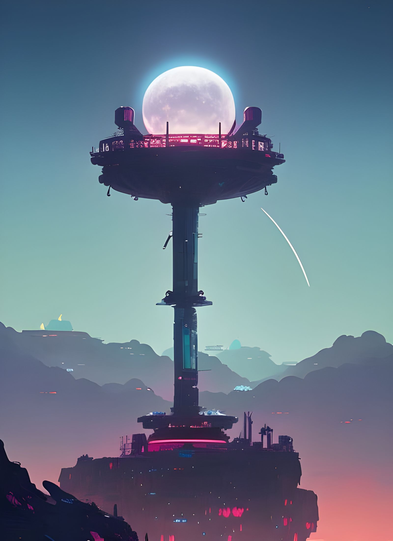 Sci-Fi Sunset Tower and Moon, Anime Style