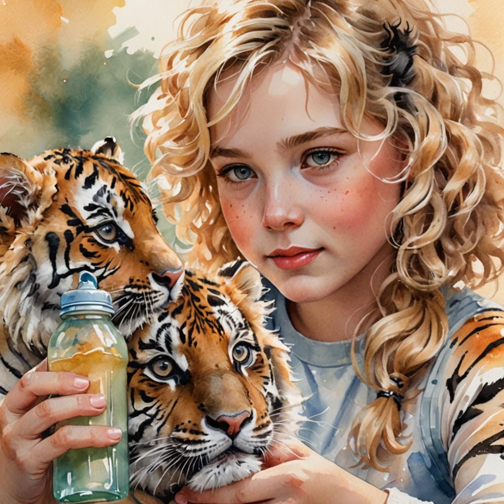 Girl Feeds Baby Tiger: Impressionist Watercolor Portrait