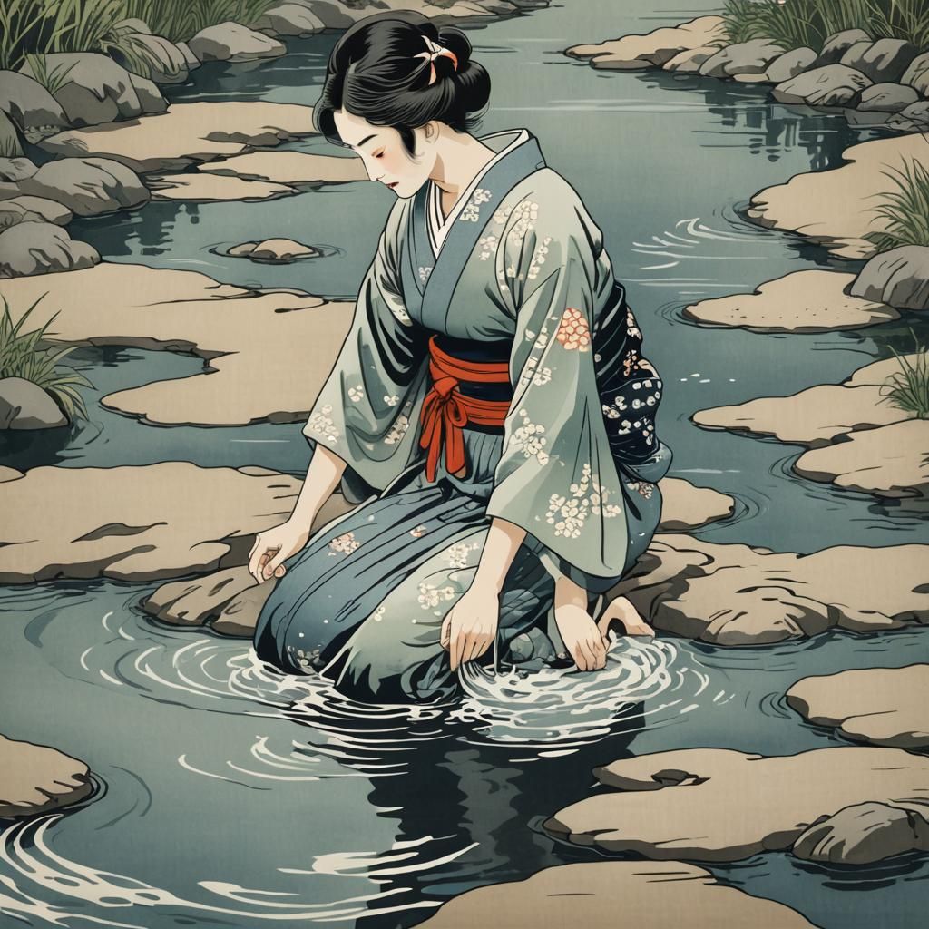 Japanese Woman Bathing: Ukiyo-e Style Print