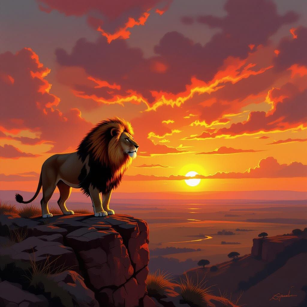 Fiery Lion Overlooking Savannah Sunset