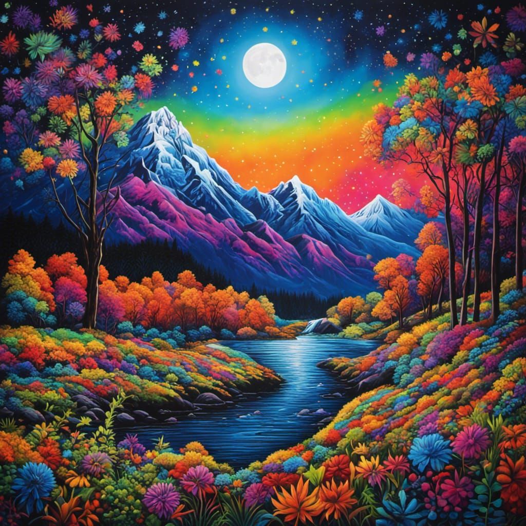 Blacklight Winter Landscape with Magical Sky