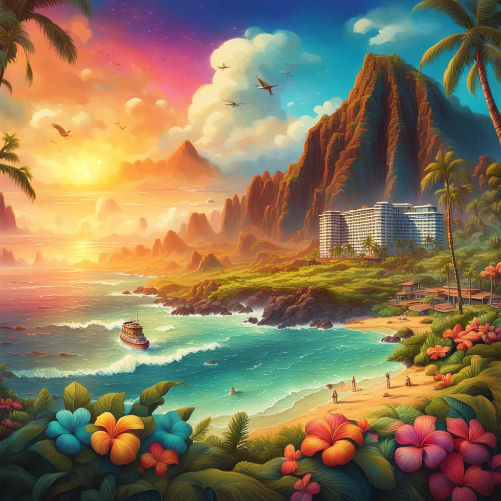 Vintage Hawaiian Postcard Art in Bright Colors