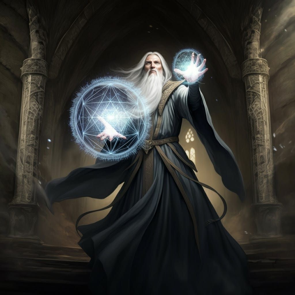 Fantasy Wizard Conjures Glowing Geometrical Figures in Ancie...