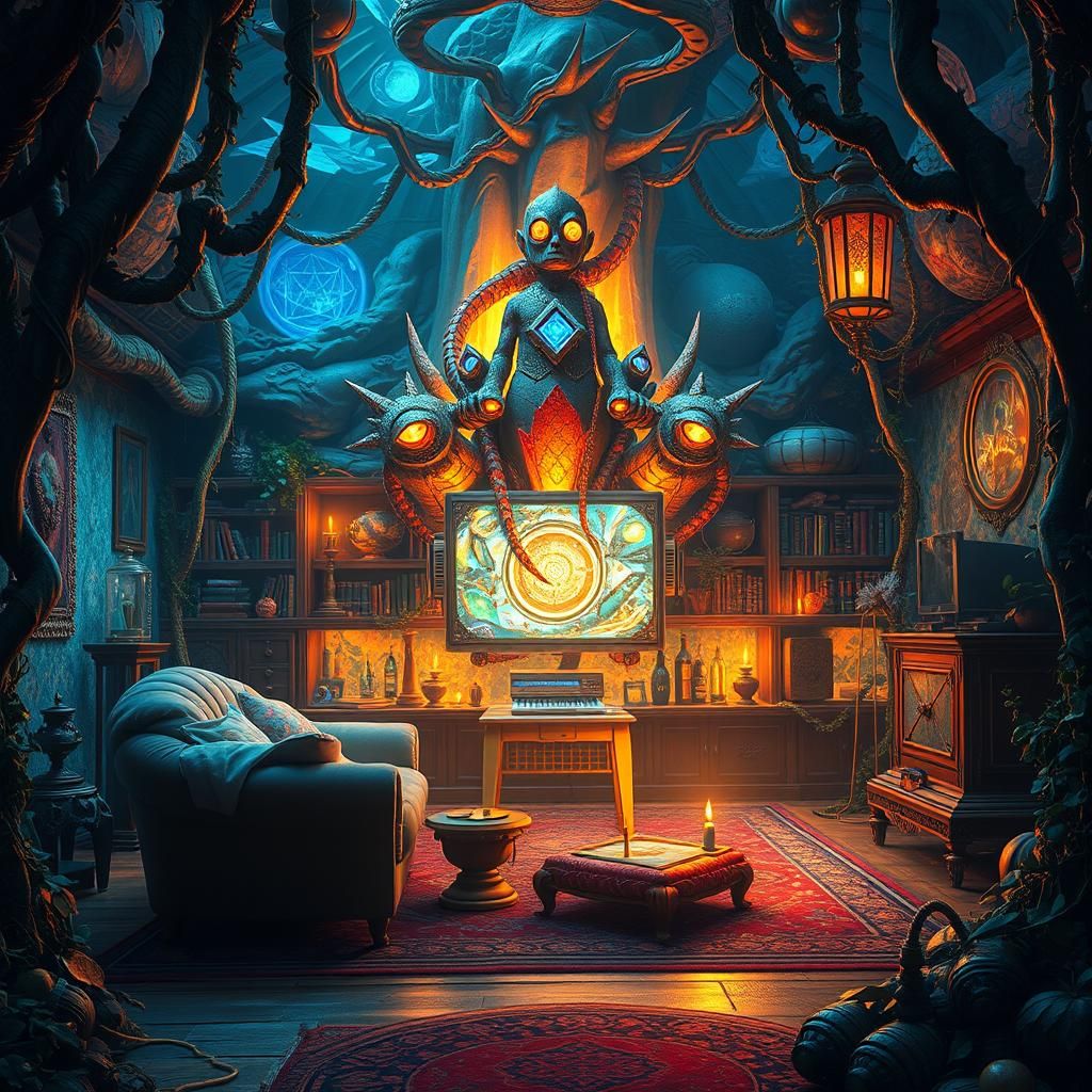 Crystal Computer in Overgrown Living Room, Matte Painting