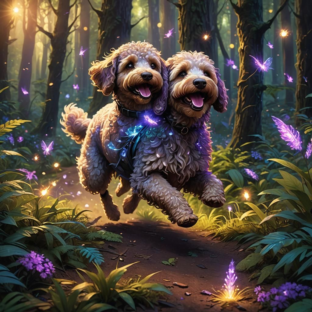Happy Spoodle Runs Through Luminous Forest
