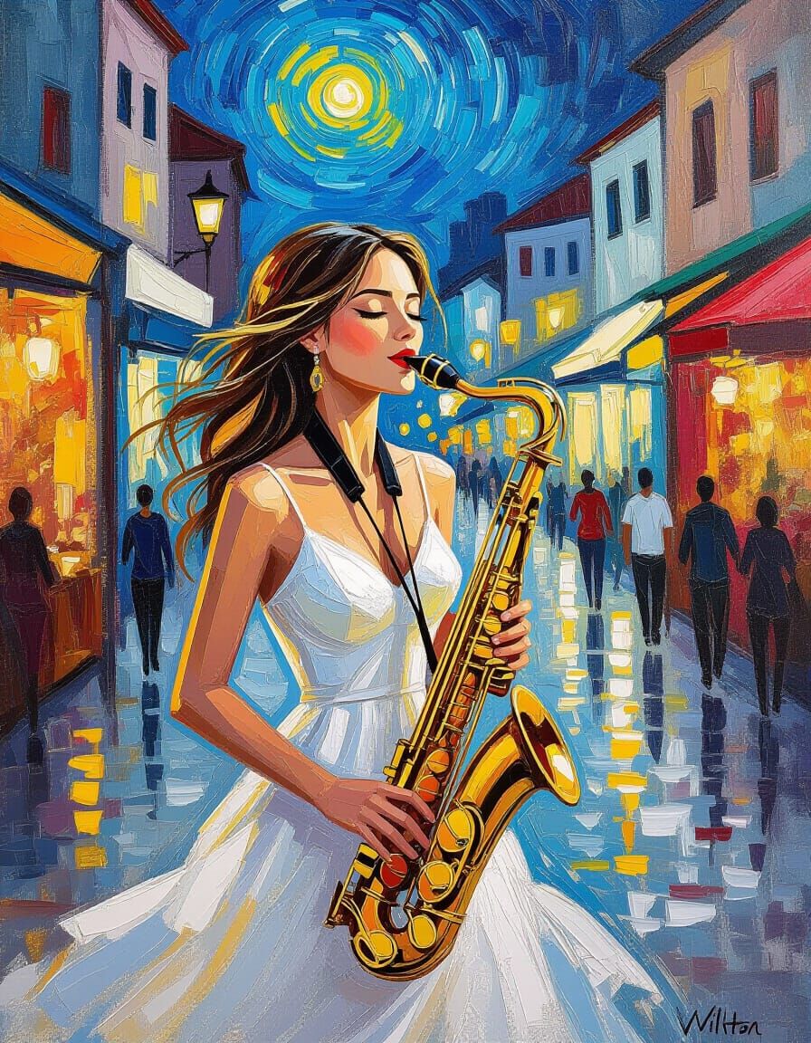 Soulful Saxophonist in Vibrant City Market, Impasto Painting