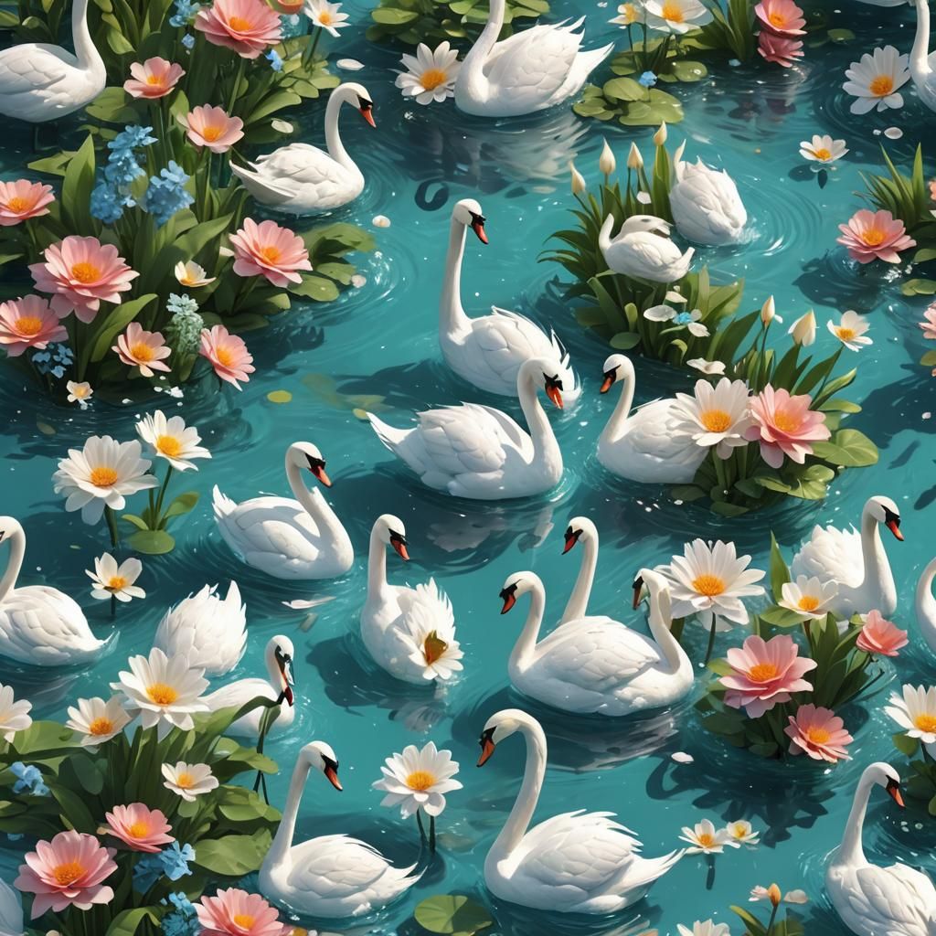 White Swans Frolic in a Vibrant 3D Animation