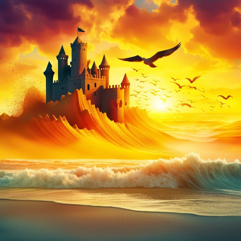 Beach Sandcastle Under Surrealist Sunrise