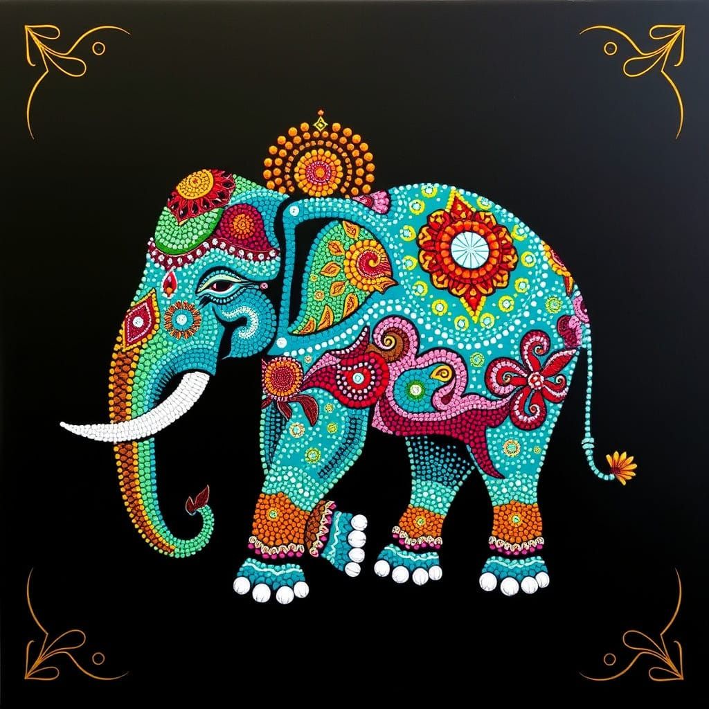 Vibrant Pointillist Elephant in Teal and Turquoise