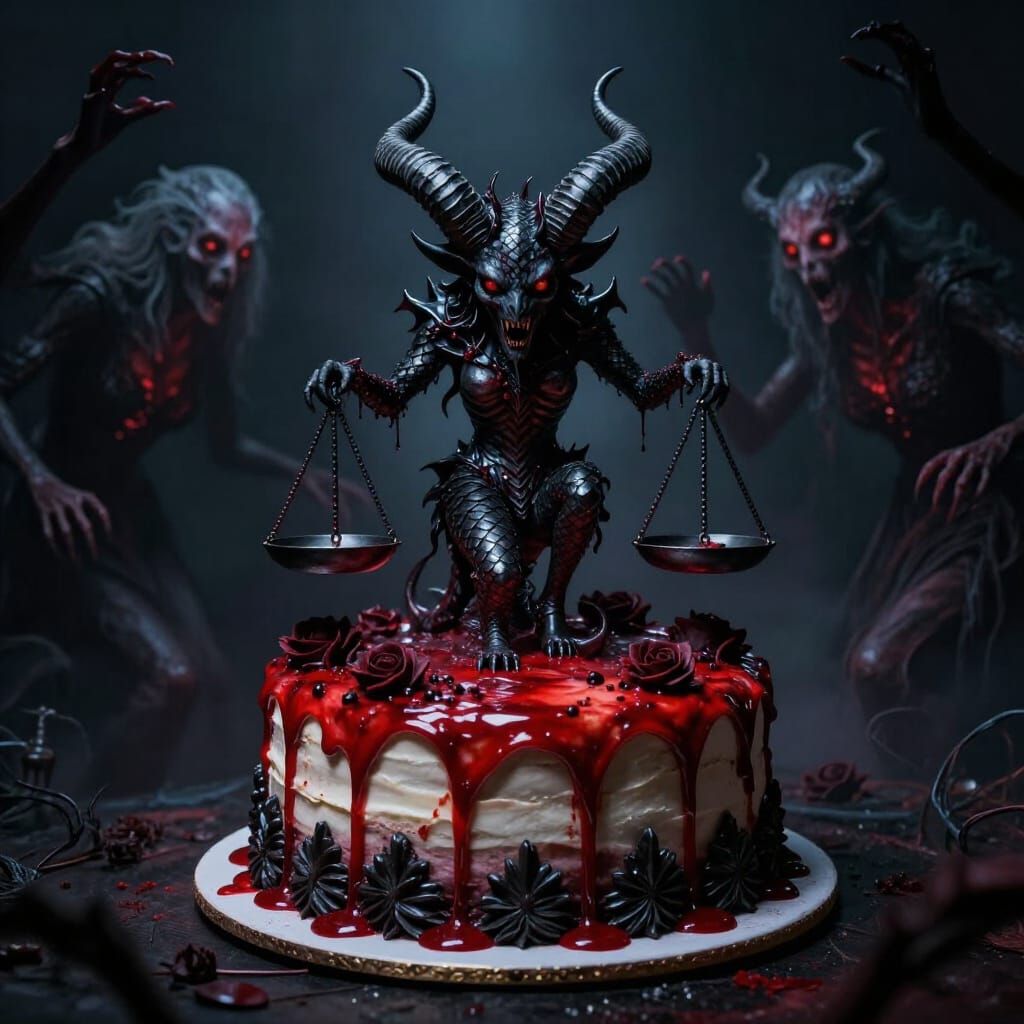 Demonic Libra Cake with Spectral Figures in Dark Horror Art