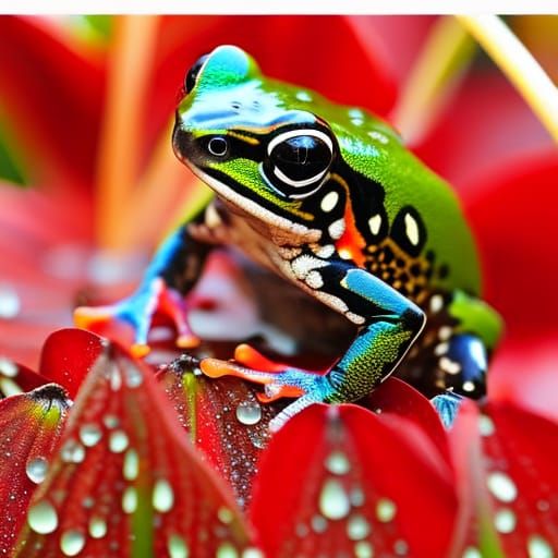 Ornate Dart Frog in Red Petals, Macro Photography