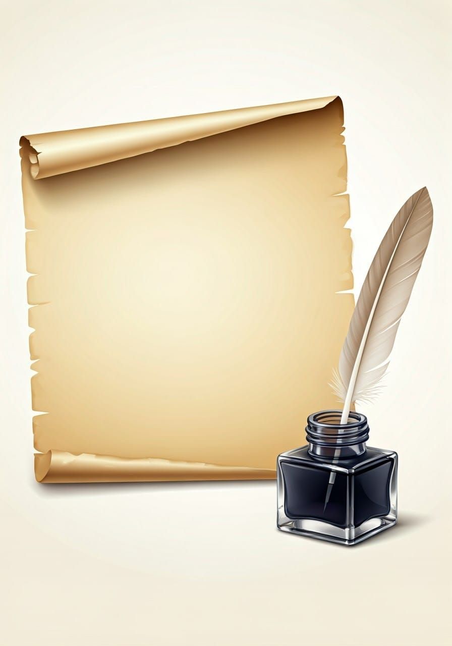 Antique-Style Letter on Cream Parchment with Crystal Ink Pot...