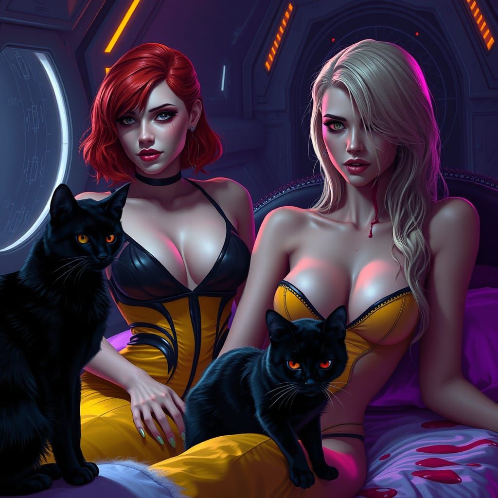 Ginger Woman & Blonde Woman in Futuristic Bedroom